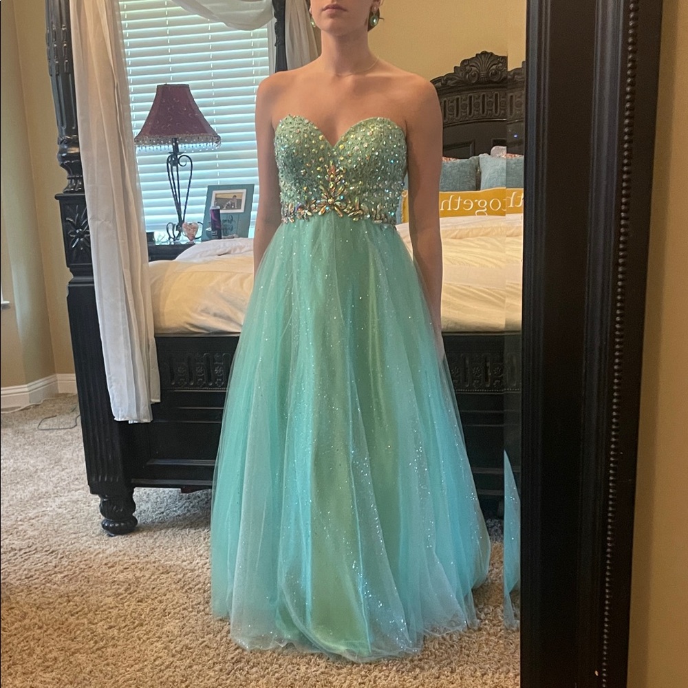 Strapless Aqua Gown with Gold Accents